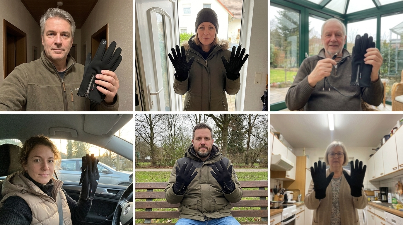 Sechs Käufer zeigen ihre beheizten Handschuhe im Alltag